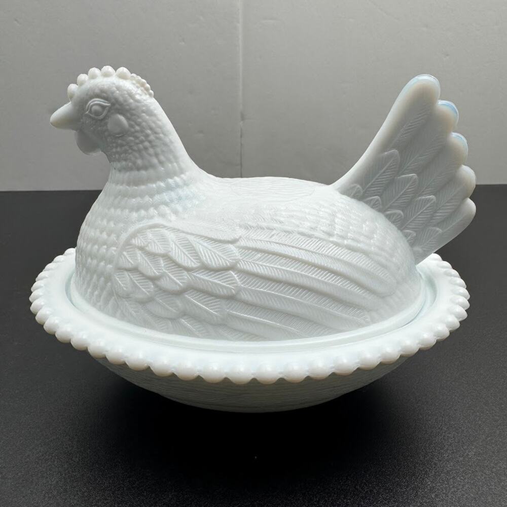 Indiana Glass Company White Milk Glass Hen on Nest  7" Beaded Covered Bowl Dish